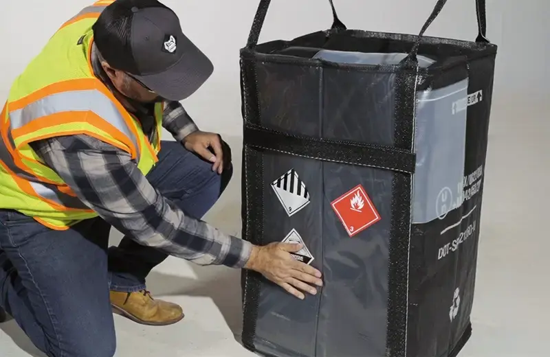 Worker placing a hazard sticker on a Gorilla Drum